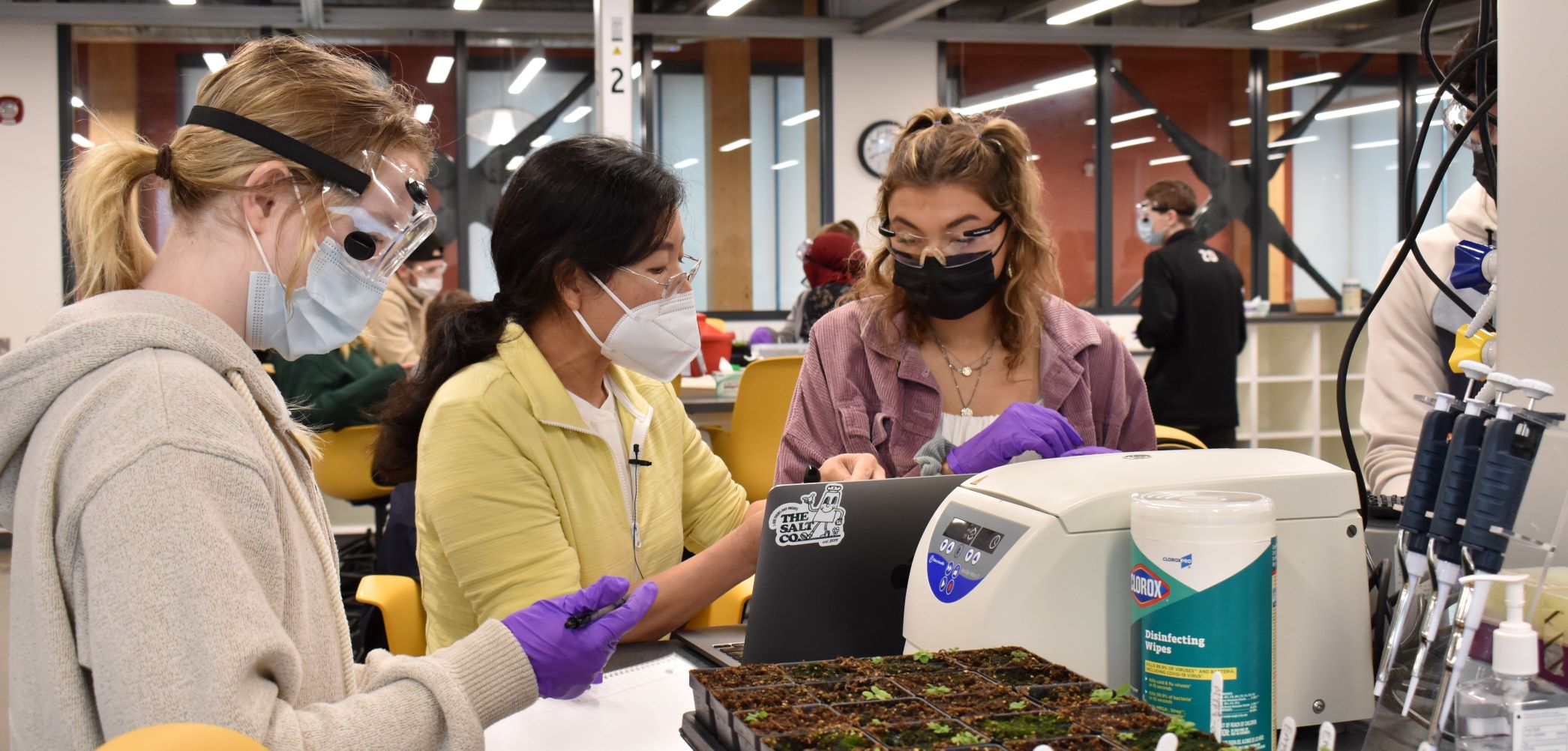 Three women work in a lab