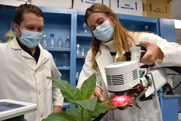 Berkley Walker and Heather Roney scanning a plant's leaf