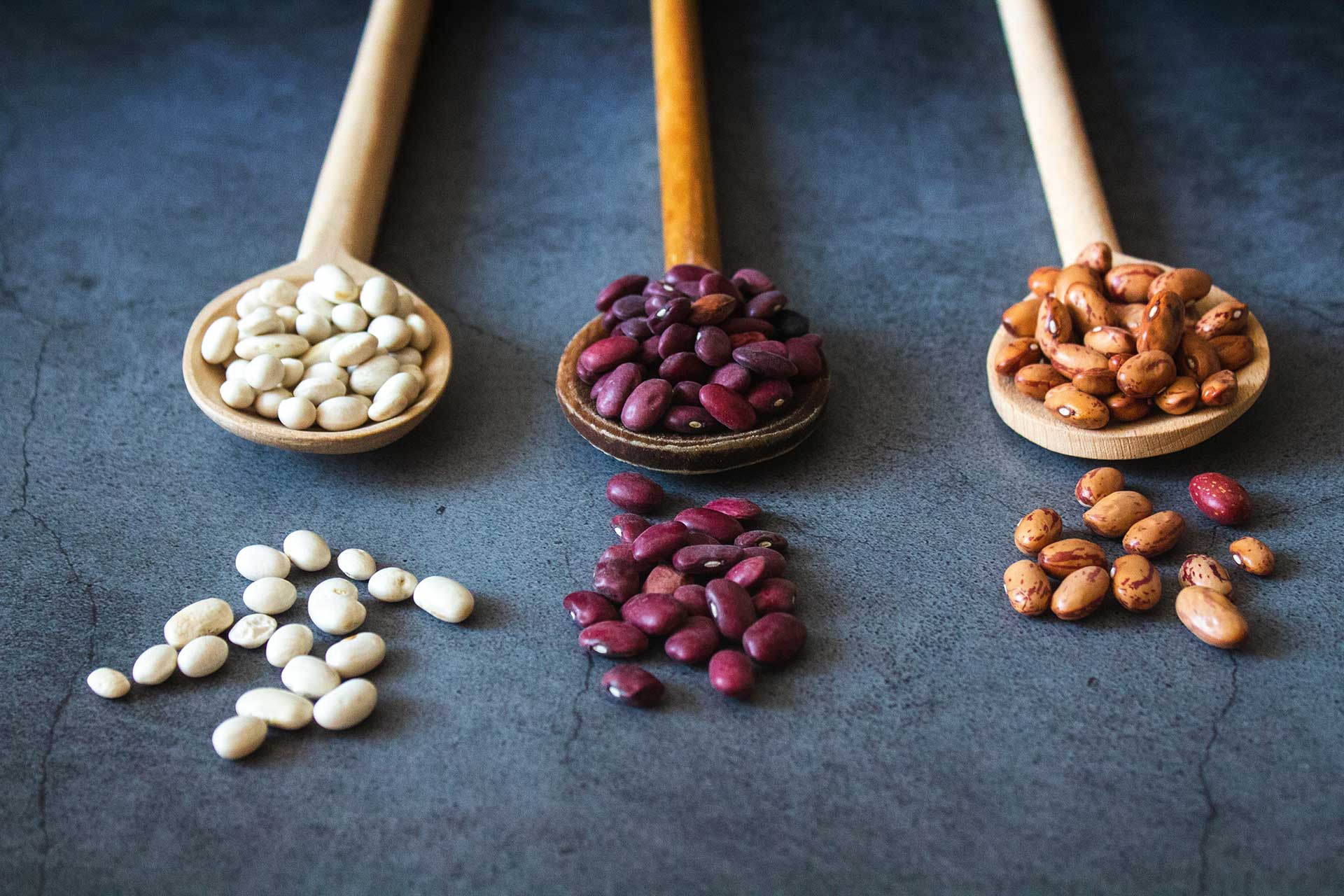 Three types of beans. White, red, and brown.