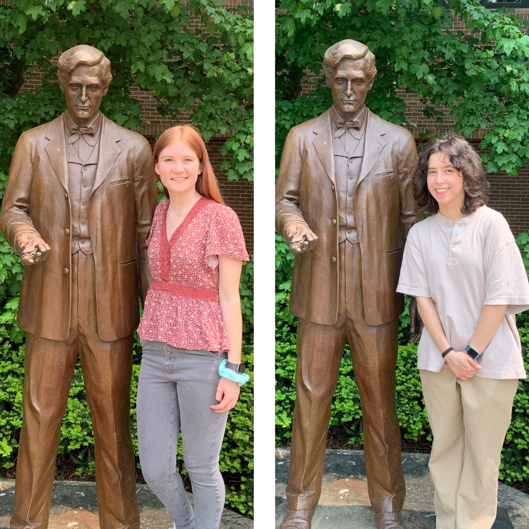 Two photos side by side. Each show a different young woman standing with a statue of a man.