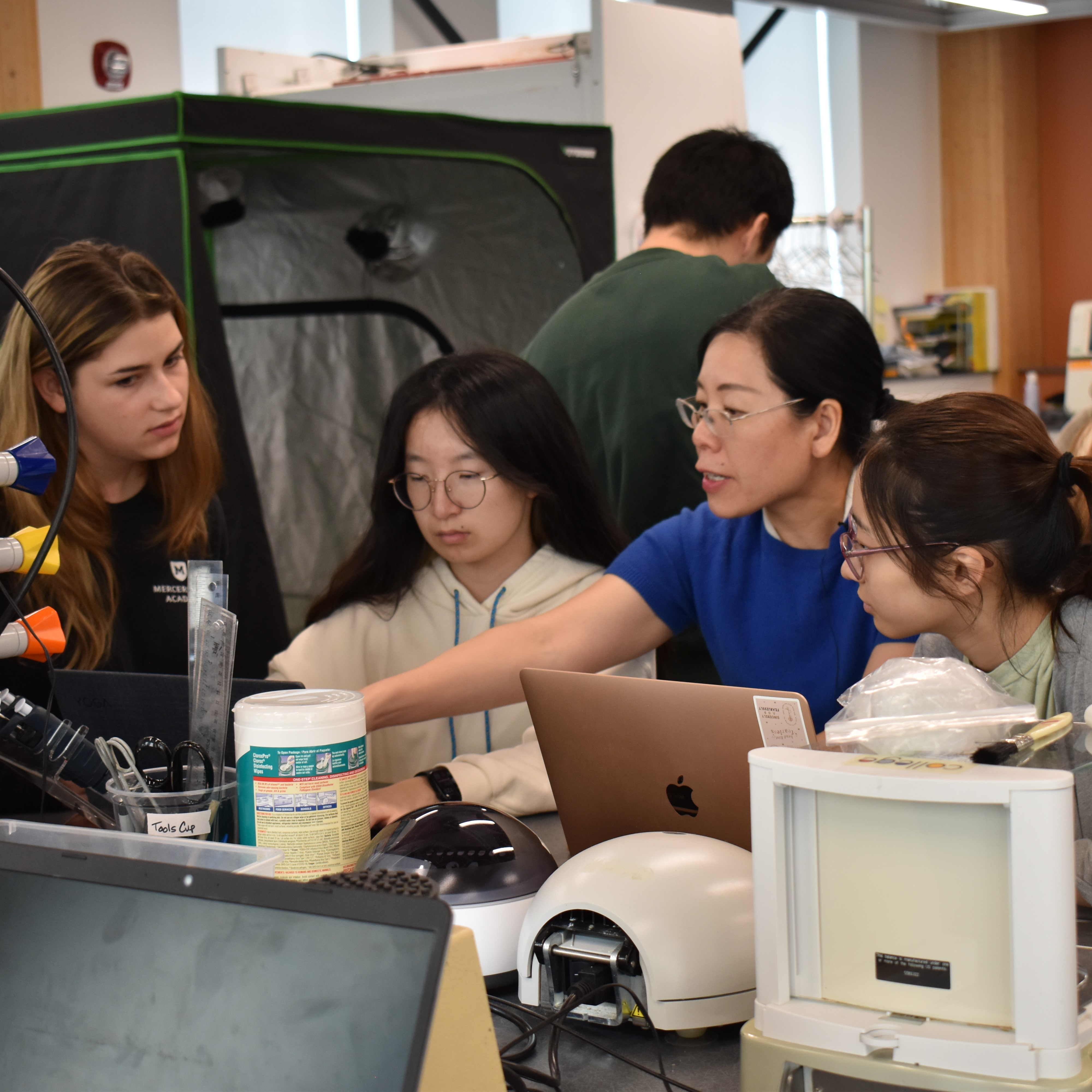 Four women look at computers in a lab