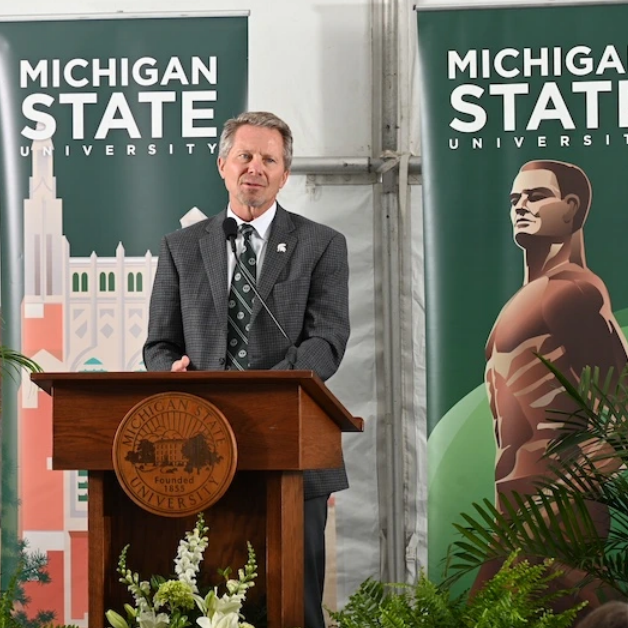 MSU President Kevin M. Guskiewicz delivers remarks at the groundbreaking ceremony for the new Plant and Environmental Sciences Building on Oct. 25